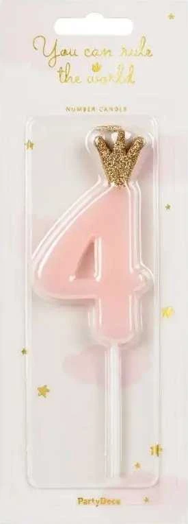 PartyDeco Žvakutė Skaičius su karūna, rausva 9,5cm, Skaičius: 4