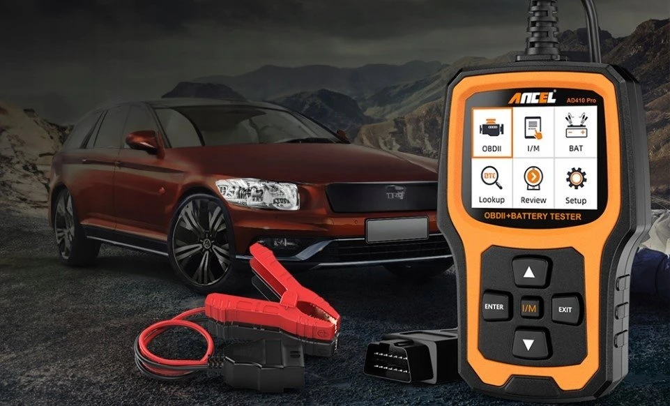 2 viename diagnostikos skaitytuvas OBD2 ir akumuliatoriaus testeris Ancel AD410 PRO