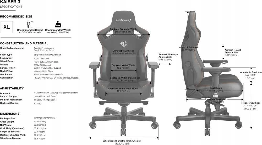Žaidimų kėdė AndaSeat Kaiser 3 XL, Juoda, medžiaginė