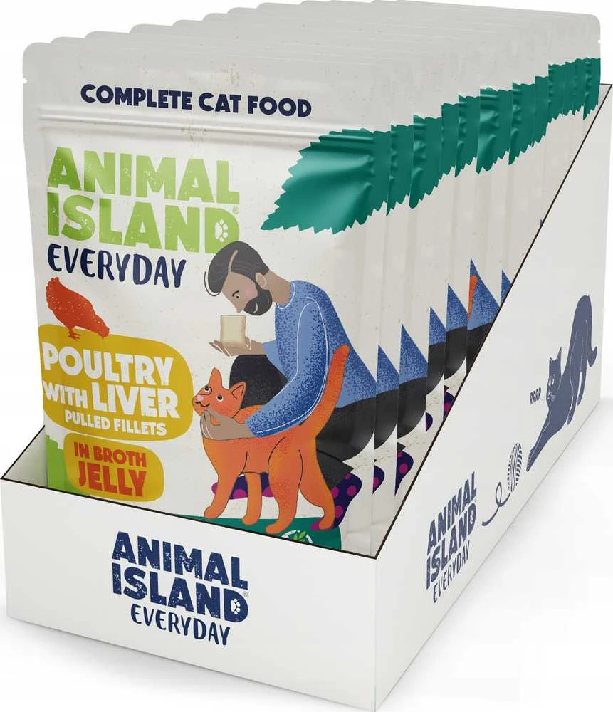 ANIMAL ISLAND Kasdienis paukštiena ir kepenėlės drebučiuose - šlapias kačių ėdalas - 12 x 85 g