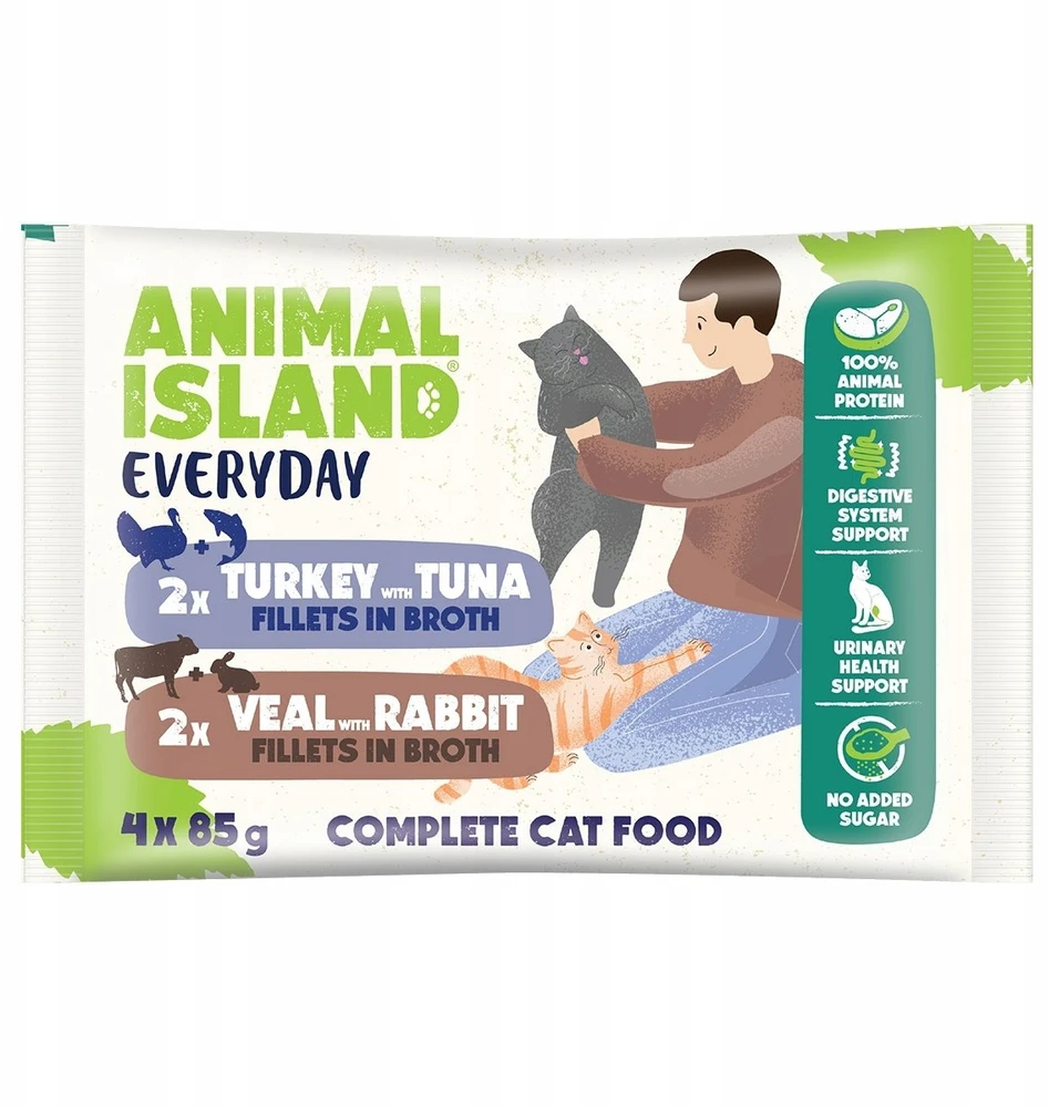 ANIMAL ISLAND Veal / triušiena & kalakutiena / Tuna Fillets in broth – šlapias kačių maistas – 4x85g