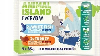 Drėgnas Kačių Maistas - Animal Island Kasdienis Su Kalakutiena ir Balta Žuvimi 4 x 85g