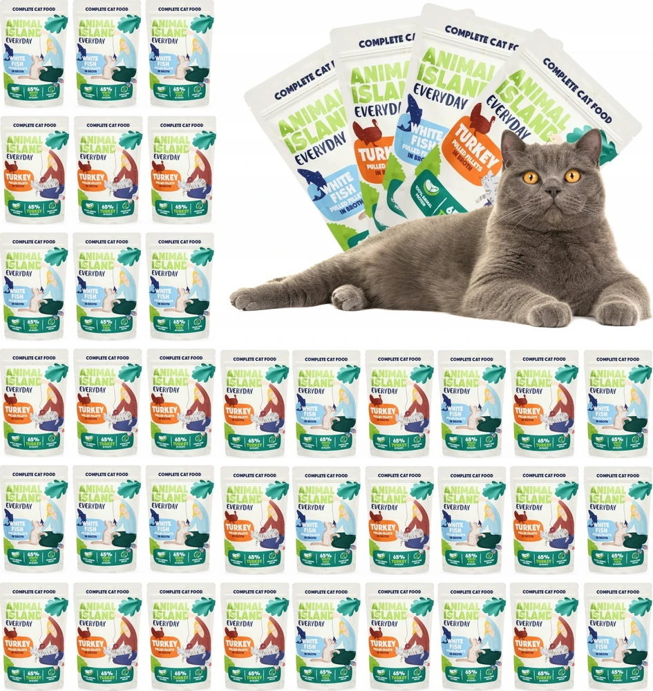 Drėgnas Kačių Maistas - Animal Island Kasdieniniai Kalakutienos ir Baltos Žuvies Filė 40x85g