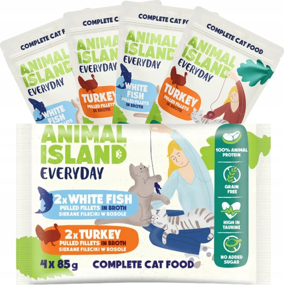 Drėgnas Kačių Maistas - Animal Island Kasdienis Su Kalakutiena ir Balta Žuvimi 4 x 85g