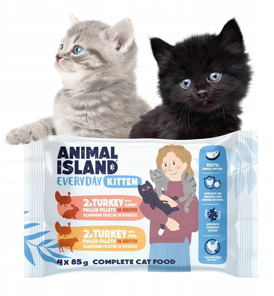 ANIMAL ISLAND Everyday Kitten kalakutiena with rabbit, kalakutiena with veal Box – šlapias kačių maistas – 4x85g