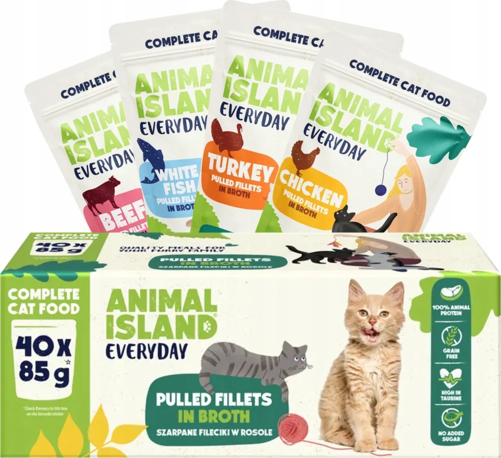 ANIMAL ISLAND Everyday jautiena, vištiena, kalakutiena and baltas fish fillets in broth - wet cat food - 40 x 85g