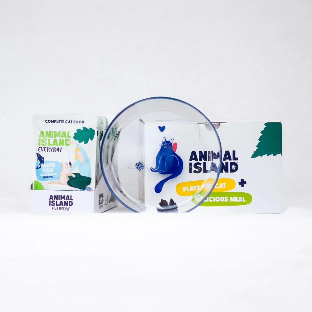 ANIMAL ISLAND Everyday Baltas fish in broth Box – šlapias kačių maistas – 12x85g + lėkštutė dovanų