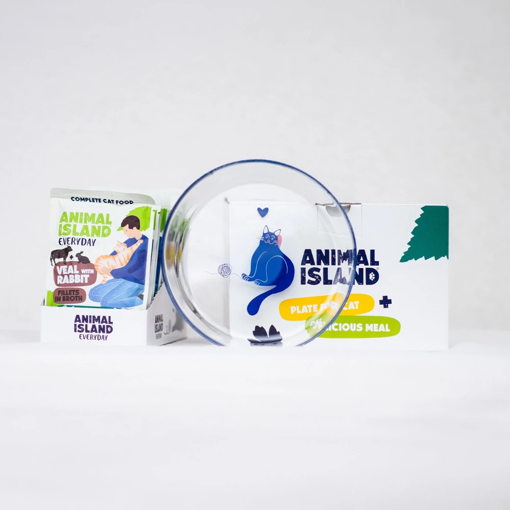 ANIMAL ISLAND Everyday Veal and rabbit in broth Box – šlapias kačių maistas – 12x85g + lėkštutė dovanų