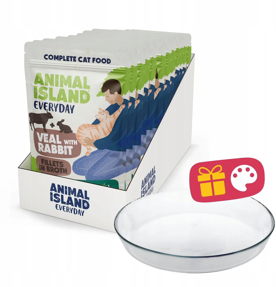 ANIMAL ISLAND Everyday Veal and rabbit in broth Box – šlapias kačių maistas – 12x85g + lėkštutė dovanų