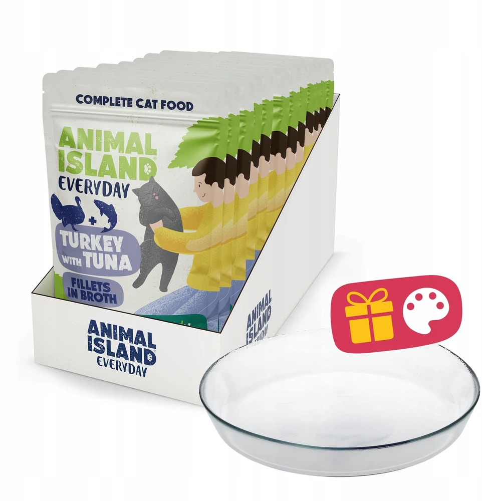 ANIMAL ISLAND Everyday kalakutiena and tuna in broth Box – šlapias kačių maistas – 12x85g + lėkštutė dovanų