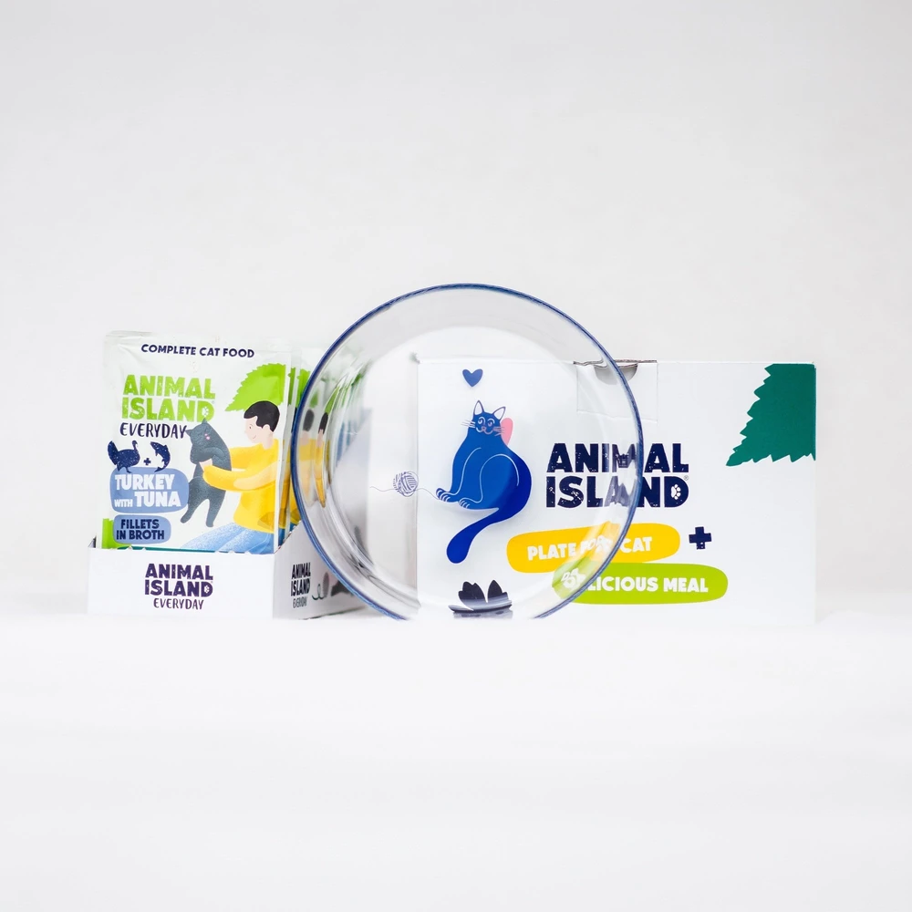 ANIMAL ISLAND Everyday kalakutiena and tuna in broth Box – šlapias kačių maistas – 12x85g + lėkštutė dovanų