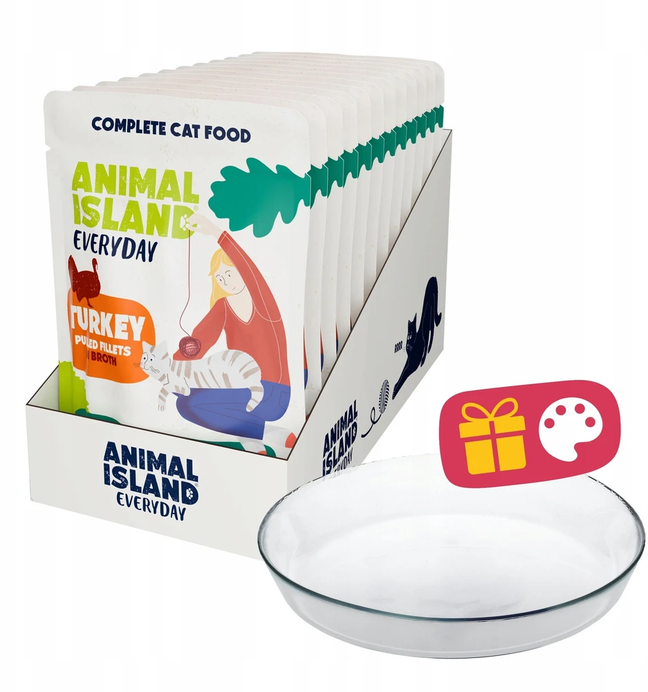 ANIMAL ISLAND Everyday kalakutiena in broth Box – šlapias kačių maistas – 12x85g + lėkštutė dovanų