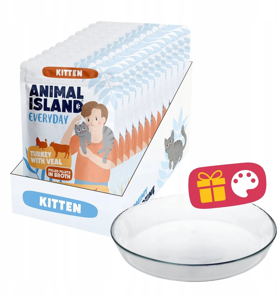 ANIMAL ISLAND Everyday Kitten kalakutiena and veal in broth Box – šlapias kačių maistas – 12x85g + lėkštutė dovanų