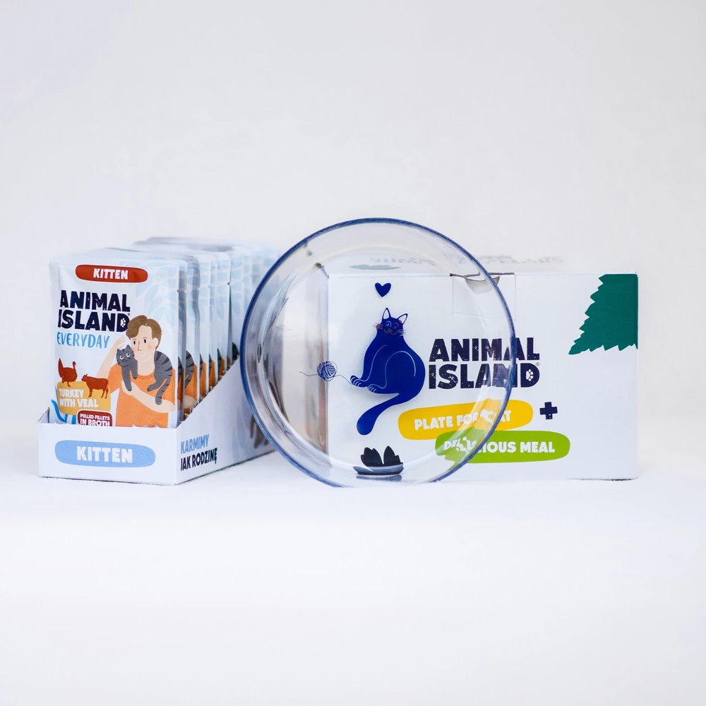 ANIMAL ISLAND Everyday Kitten kalakutiena and veal in broth Box – šlapias kačių maistas – 12x85g + lėkštutė dovanų