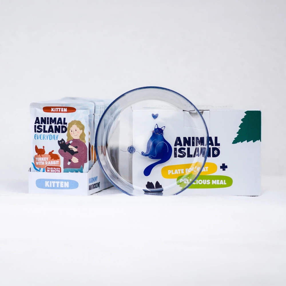 ANIMAL ISLAND Everyday Kitten kalakutiena and rabbit in broth Box – šlapias kačių maistas – 12x85g + lėkštutė dovanų