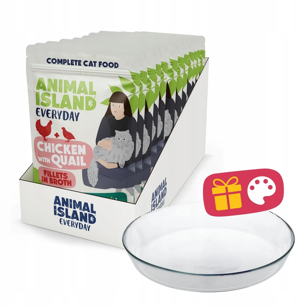 ANIMAL ISLAND Everyday vištiena with quail in broth Box – šlapias kačių maistas – 12x85g + lėkštutė dovanų