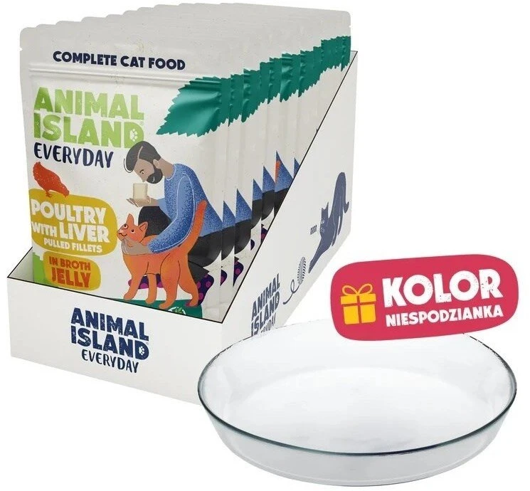 ANIMAL ISLAND Everyday paukštiena with liver in jelly Box – šlapias kačių maistas – 12x85g + lėkštutė dovanų