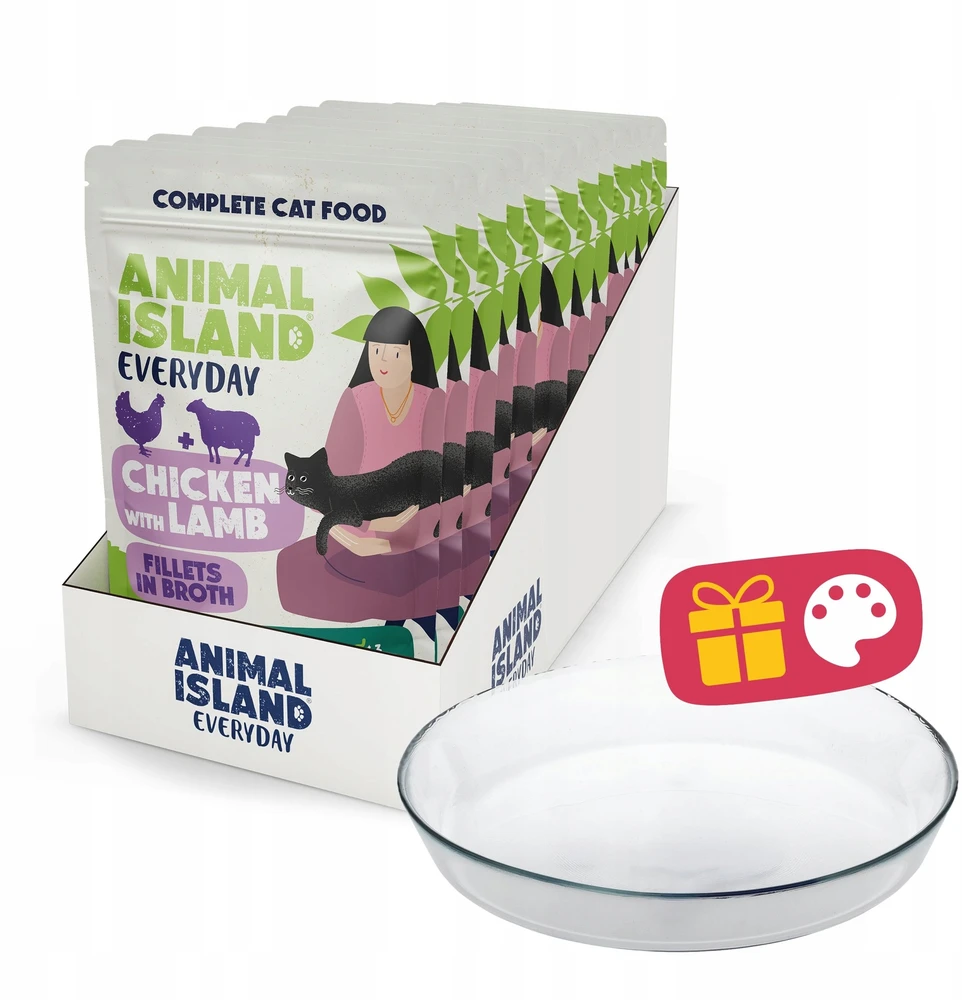 ANIMAL ISLAND Everyday vištiena su ėriena in broth Box – šlapias kačių maistas – 12x85g + lėkštutė dovanų