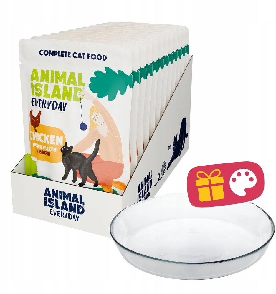 ANIMAL ISLAND Everyday vištiena in broth Box – šlapias kačių maistas – 12x85g + lėkštutė dovanų