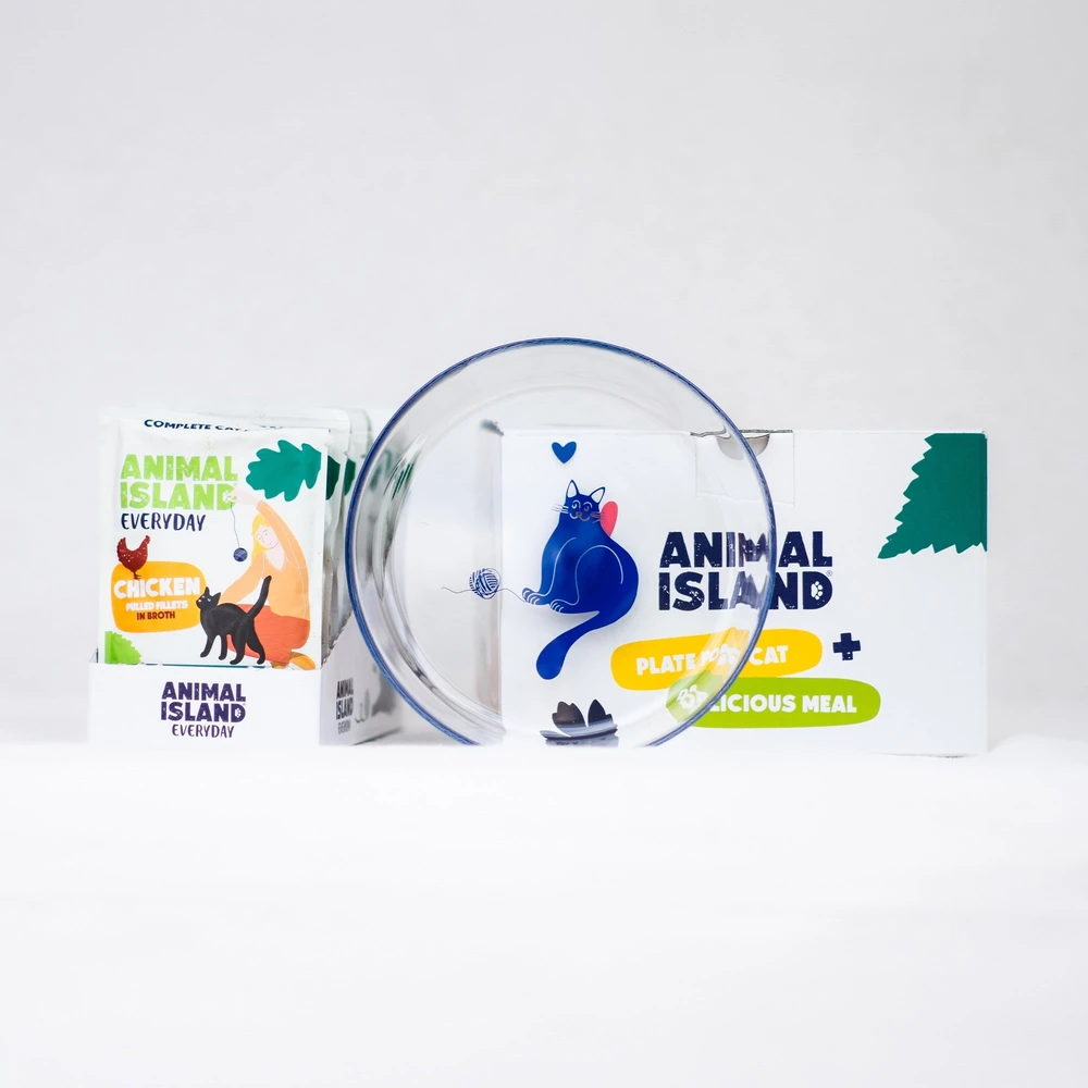 ANIMAL ISLAND Everyday vištiena in broth Box – šlapias kačių maistas – 12x85g + lėkštutė dovanų