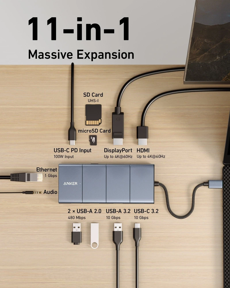 ANR Anker Innovations A83880A1 sąsajos šakotuvas C tipo USB 10000 Mbit/ai Pilka