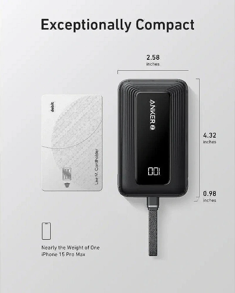 Anker išorinė baterija su integruotu USB-C laidu | A1688H11 | 10000 mAh | juoda