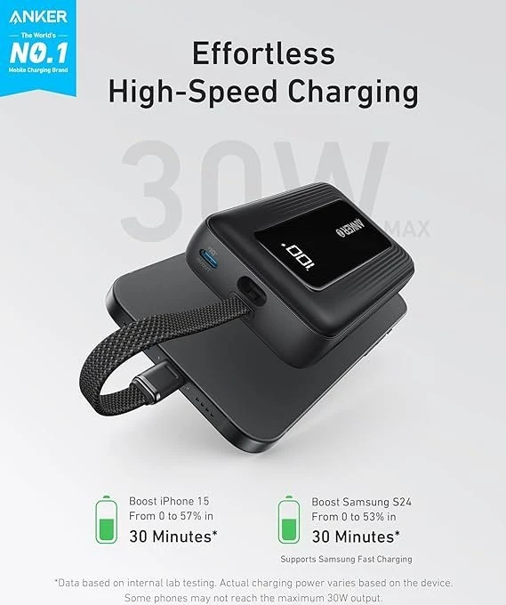 Anker išorinė baterija su integruotu USB-C laidu | A1688H11 | 10000 mAh | juoda