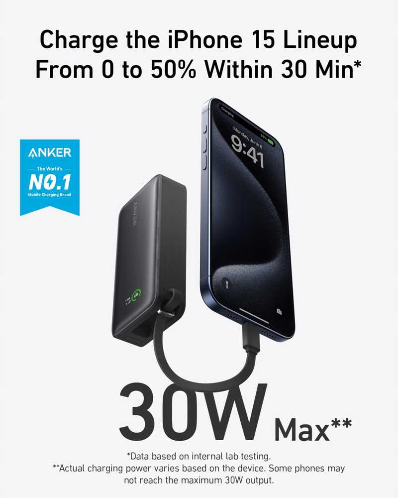 Anker Nano išorinė baterija 10000 mAh 30 W su integruotu USB-C laidu A1259