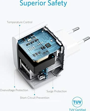 „Anker PowerPort Mini“ dvigubas sieninis įkroviklis, 2 vnt., kompaktiškas USB įkroviklis, 2,5 A galia