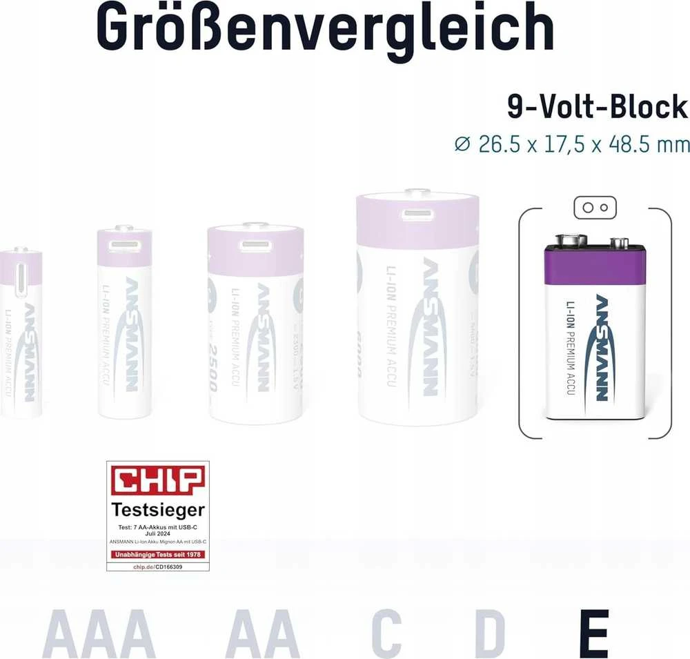 Įkraunamos baterijos 1604 9V 400mAh (Li-Ion 3.7Wh) su USB-C lizdu, max iškrovimo srovė 0.4A ANSMANN