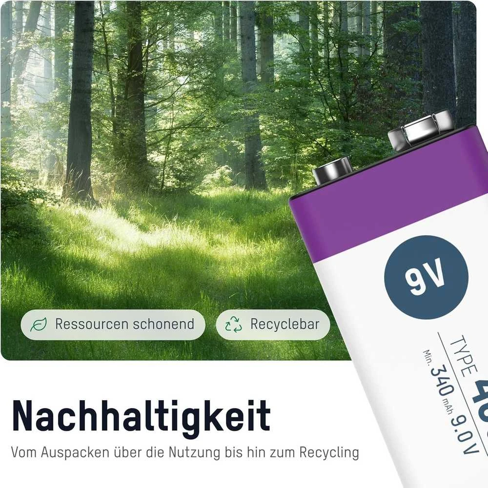 Įkraunamos baterijos 1604 9V 400mAh (Li-Ion 3.7Wh) su USB-C lizdu, max iškrovimo srovė 0.4A ANSMANN