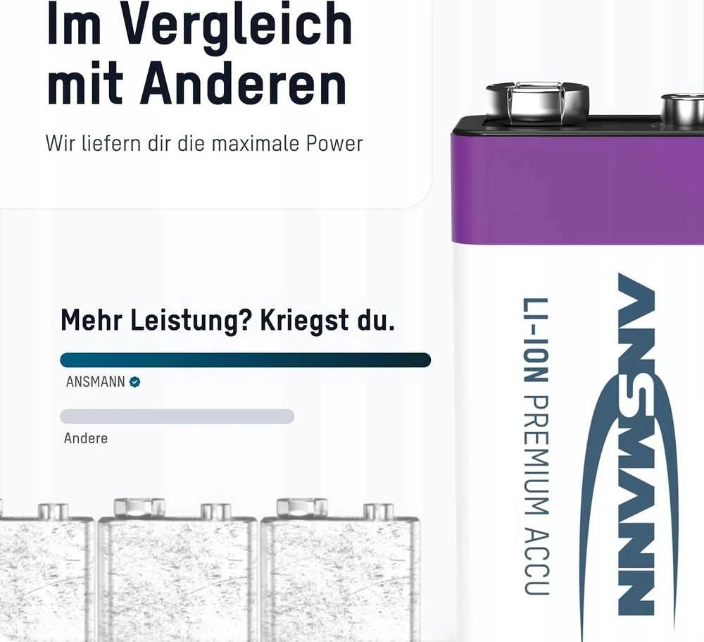 Įkraunamos baterijos 1604 9V 400mAh (Li-Ion 3.7Wh) su USB-C lizdu, max iškrovimo srovė 0.4A ANSMANN