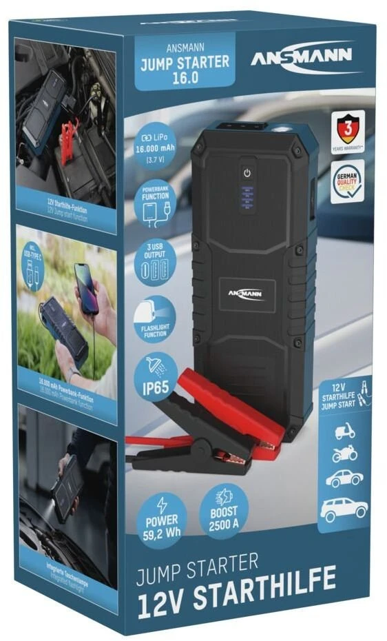 Išorinis akumuliatorius (Powerbank) su automobilio užvedimo funkcija 600A/2500A 59.2Wh IP65 USB-A/USB-C 15W Jump Starter 16.0 ANSMANN
