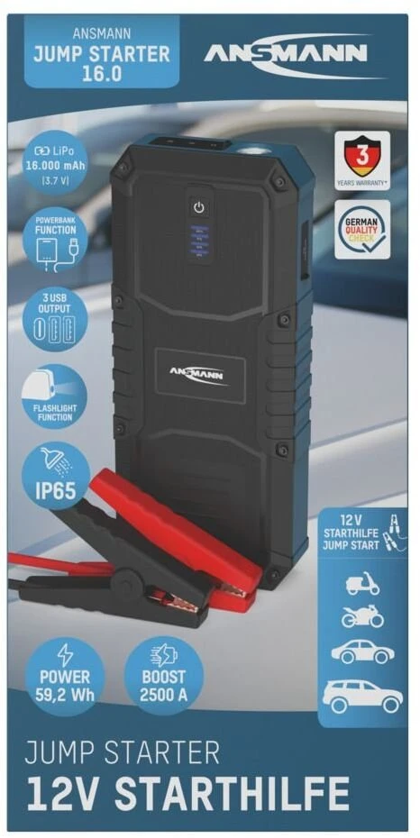 Išorinis akumuliatorius (Powerbank) su automobilio užvedimo funkcija 600A/2500A 59.2Wh IP65 USB-A/USB-C 15W Jump Starter 16.0 ANSMANN