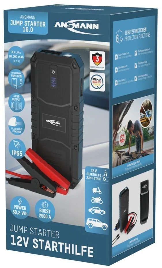 Išorinis akumuliatorius (Powerbank) su automobilio užvedimo funkcija 600A/2500A 59.2Wh IP65 USB-A/USB-C 15W Jump Starter 16.0 ANSMANN