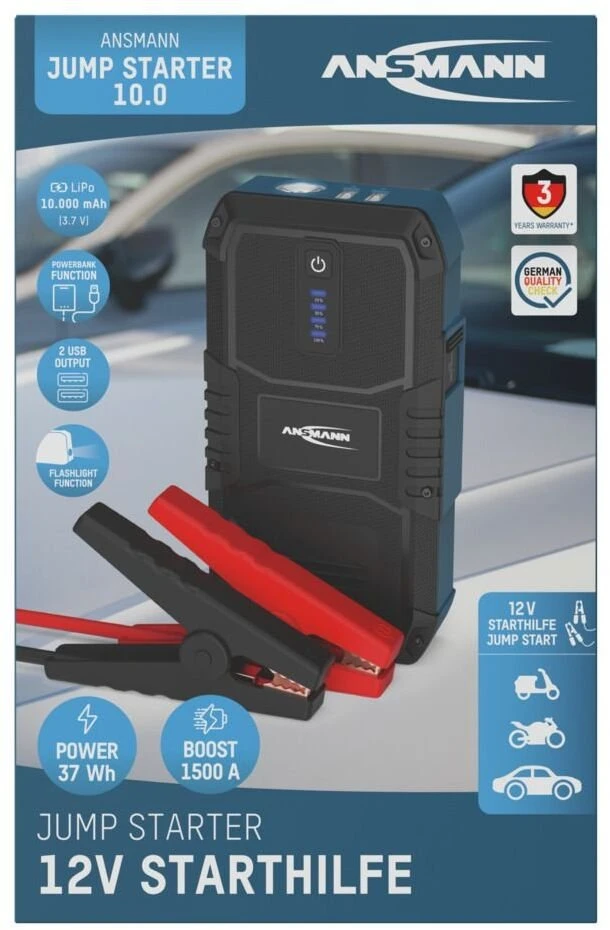 Išorinis akumuliatorius (Powerbank) su automobilio užvedimo funkcija 400A/1500A 37Wh USB-A 12W Jump Starter 10.0 ANSMANN