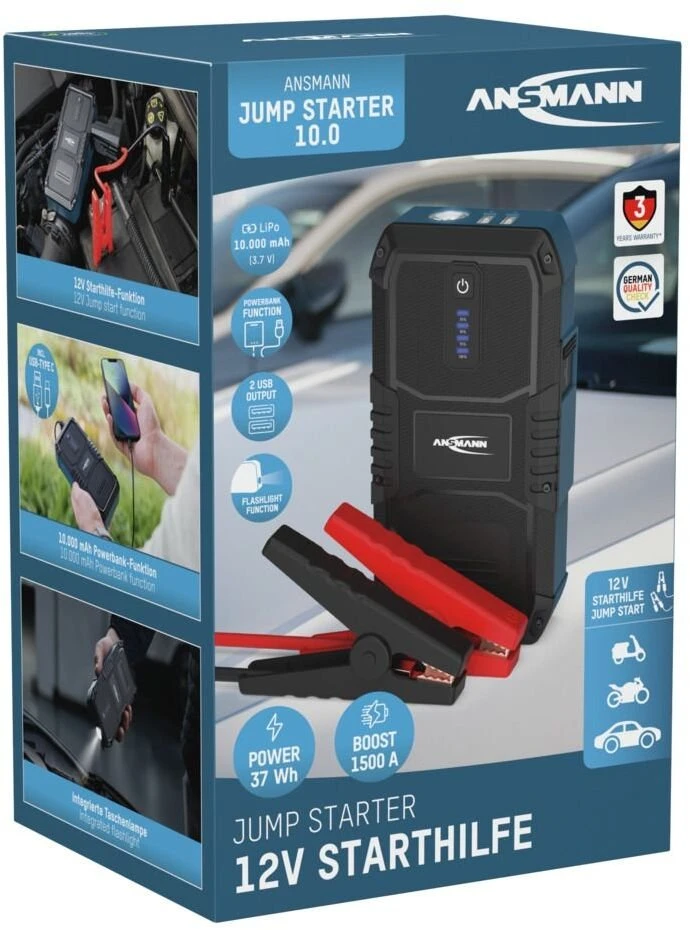 Išorinis akumuliatorius (Powerbank) su automobilio užvedimo funkcija 400A/1500A 37Wh USB-A 12W Jump Starter 10.0 ANSMANN