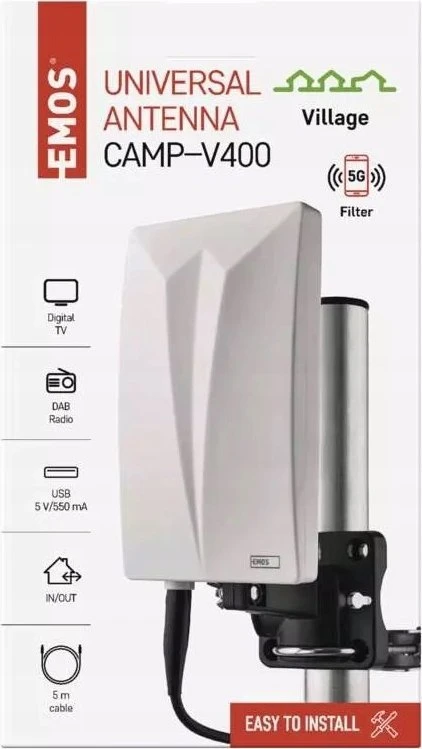 Universali lauko/vidaus DVB-T antena su stiprintuvu CAMP-V400 0-80km EMOS