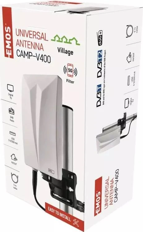 Universali lauko/vidaus DVB-T antena su stiprintuvu CAMP-V400 0-80km EMOS
