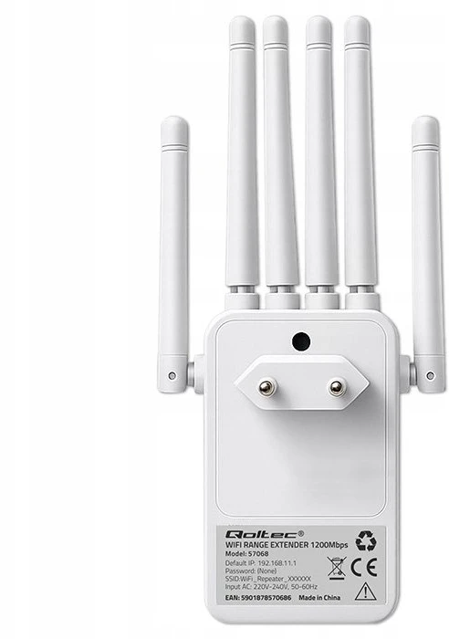„Qoltec“ stiprintuvas, signalinis „WiFi 5“ | Kartotuvas | Prieigos taškas | AC1200 | 6 antenos | 2x RJ45 | 128 MB