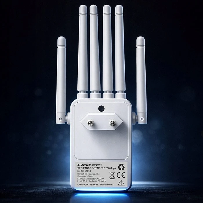 „Qoltec“ stiprintuvas, signalinis „WiFi 5“ | Kartotuvas | Prieigos taškas | AC1200 | 6 antenos | 2x RJ45 | 128 MB