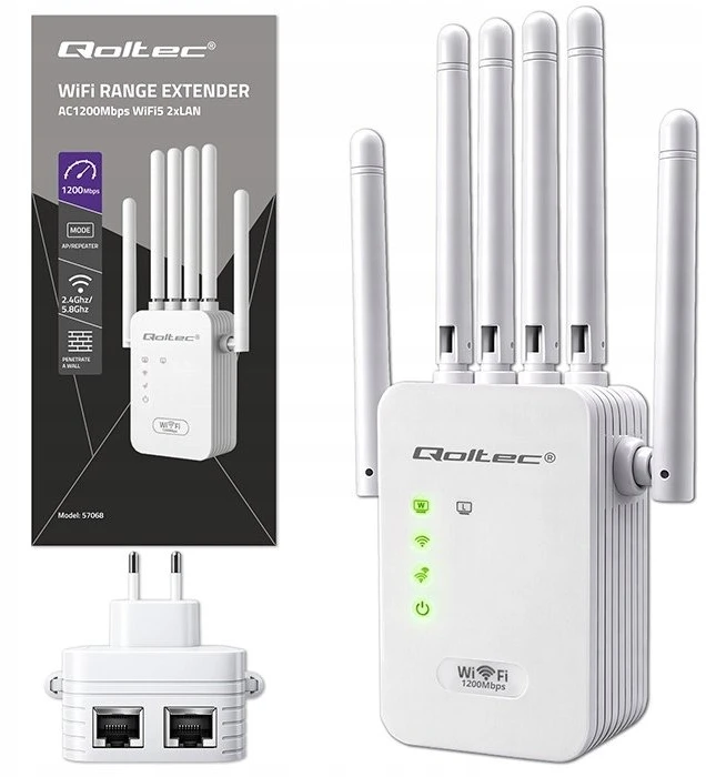 „Qoltec“ stiprintuvas, signalinis „WiFi 5“ | Kartotuvas | Prieigos taškas | AC1200 | 6 antenos | 2x RJ45 | 128 MB