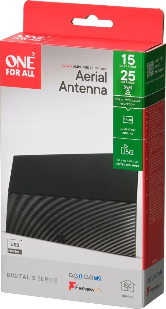 Stiprinama vidinė antena One For All SV9432-5G DVB-T (5G/4G), USB, veikimo nuotolis 25 km