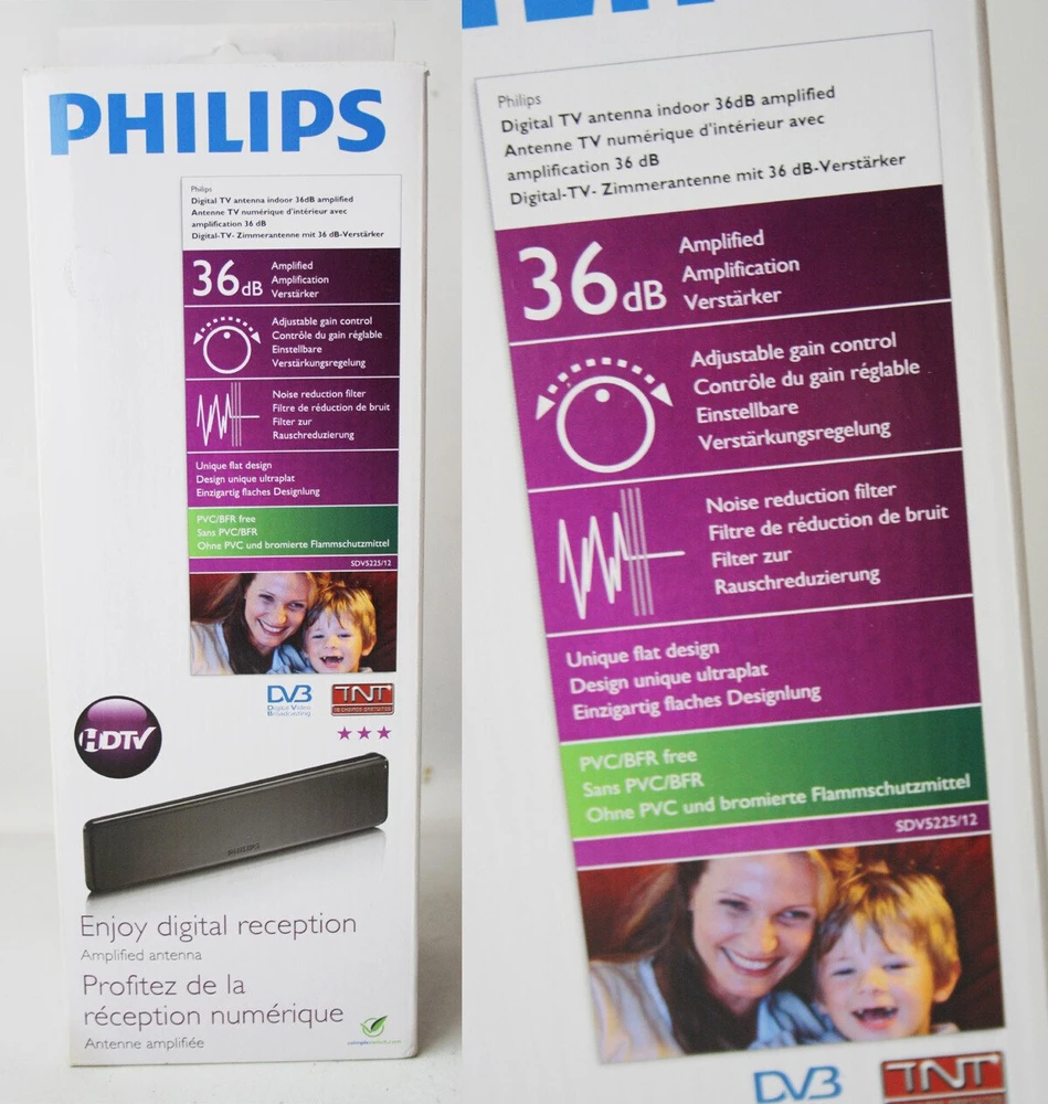 Philips vidinė TV antena su stiprinimo reguliavimu, koaksialinis kabelis 1,8 m, 75 omų, 3G/4G, DVB-T/T2
