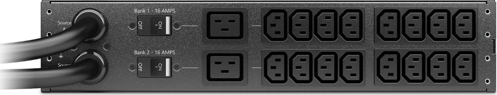 APC stovas ATS, 230V, 32A, (16)C13 (2)C19 išvestis, 2U, IEC 309 32A 2P+E (2) (2,44m)