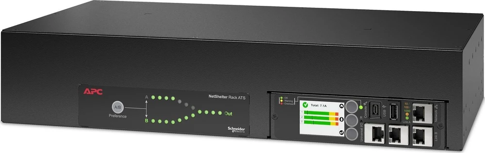 APC stovas ATS, 230V, 32A, (16)C13 (2)C19 išvestis, 2U, IEC 309 32A 2P+E (2) (2,44m)