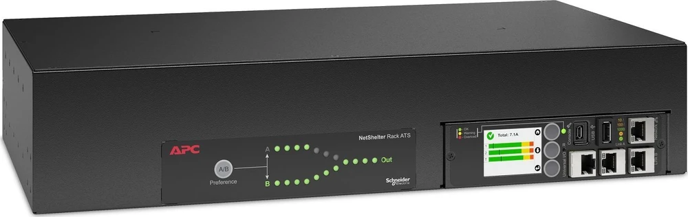 APC stovas ATS, 230V, 32A, (16)C13 (2)C19 išvestis, 2U, IEC 309 32A 2P+E (2) (2,44m)