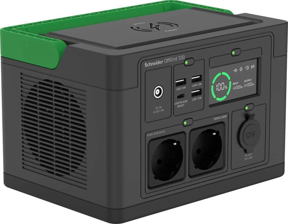 „Apc Schneider OffGrid“ nešiojama elektrinė 330, 230 V, 332 Wh ličio jonų, LCD, 2 CEE 7/3 „Schuko“ lizdai, „Sinewave“, 3 USB-A, 1 USB-C, belaidis įkroviklis