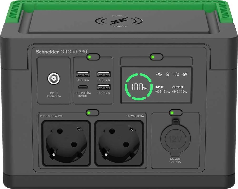 „Apc Schneider OffGrid“ nešiojama elektrinė 330, 230 V, 332 Wh ličio jonų, LCD, 2 CEE 7/3 „Schuko“ lizdai, „Sinewave“, 3 USB-A, 1 USB-C, belaidis įkroviklis