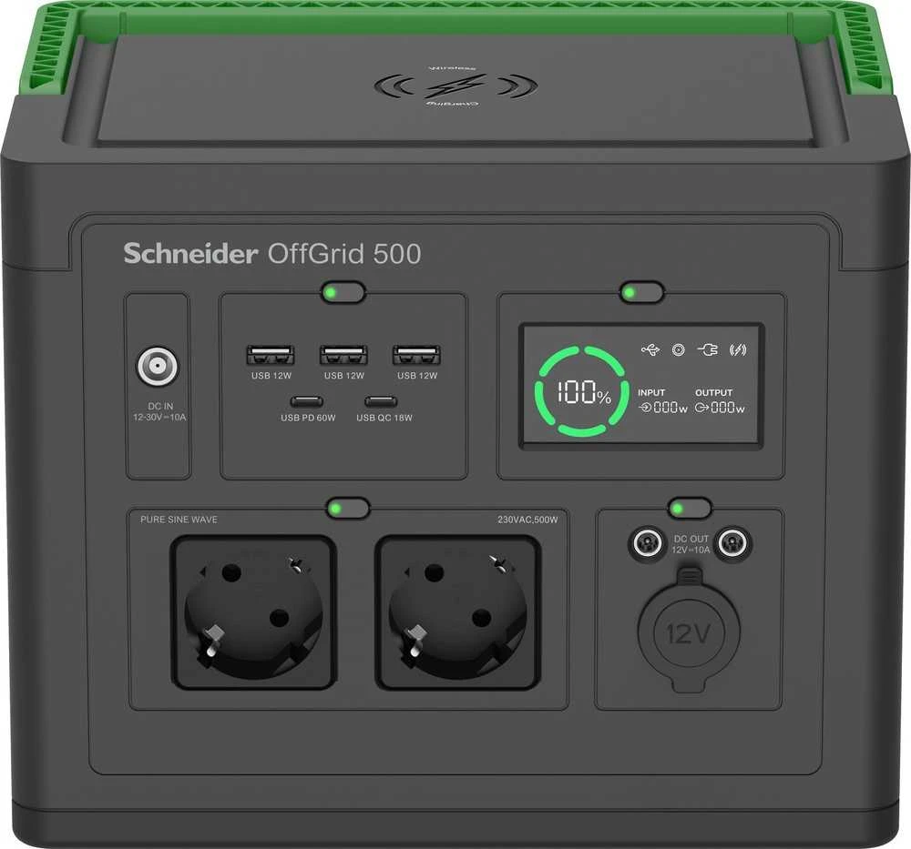 „Apc Schneider OffGrid“ nešiojama elektrinė 500, 230 V, 517 Wh ličio jonų, LCD, 2 CEE 7/3 „Schuko“ lizdai, „Sinewave“, 3 USB-A, 2 USB-C, belaidis įkroviklis
